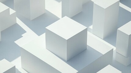 Abstract white cube composition, geometric shapes, minimalist design, 3D rendering, light and shadow.