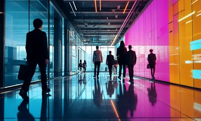 Silhouetted Figures Walking Through a Modern, Vibrant Office Corridor - Powered by Adobe