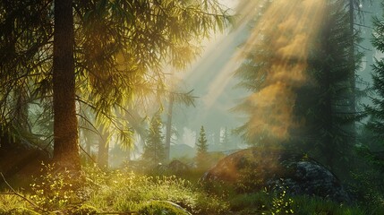 Obraz premium Beautiful Rays of Sunlight in a Green Forest, Shining Through the Trees, Creating a Serene and Picturesque Natural Scene.