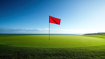A golf flag fluttering in the wind on an isolated green.