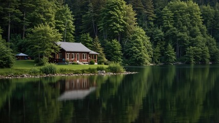 Evergreen reflections a serene cabin retreat by the lake nature photography tranquil environment peaceful viewpoint