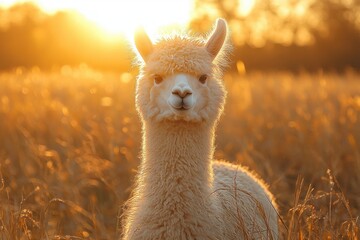 Fototapeta premium Serene Alpaca in Rustic Farm Setting during Golden Hour