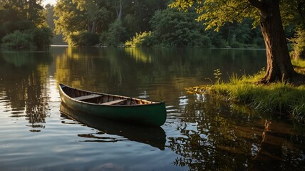 Obraz premium Canoeing in tranquil evergreen lake nature retreat scenic viewpoint serene environment for relaxation