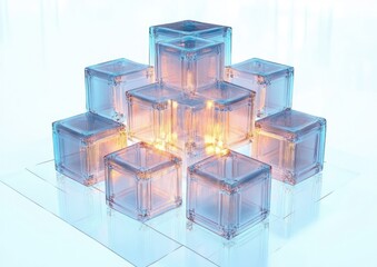 Futuristic Abstract Sculpture Transparent Cubes Neon Lights Minimalist Design High Angle Perspective