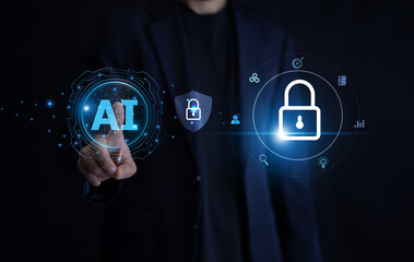 Businessman utilizing AI algorithms to protect privacy and manage data security efficiently. AI...