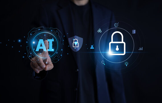 Businessman utilizing AI algorithms to protect privacy and manage data security efficiently. AI technology for data security