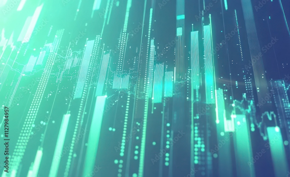 Poster abstract teal data visualization, glowing bars and lines.