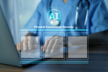 Doctor using AI technology to analyze patient records and improve healthcare efficiency.Healthcare...