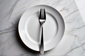 there is a white plate with a fork and a knife on it