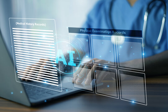 Doctor using AI technology to analyze patient records and improve healthcare efficiency.Healthcare professional employing AI algorithms to optimize patient care and data handling.