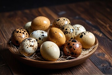 Obraz premium arafed bowl of eggs with spotted spots on them on a wooden table
