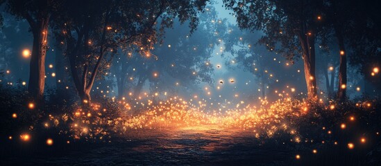 Naklejka premium Magical forest path illuminated by glowing lights.
