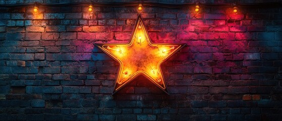 Neon Magic Show Sign with Colorful Letters and Star Design on Dark Brick Wall