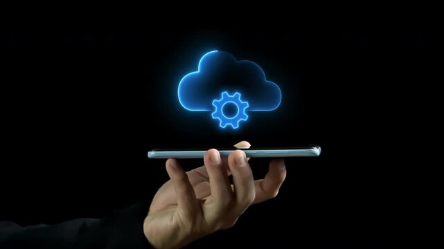 Cloud technology concept for data management system. Online database storage, networking and internet service. Information system for business. Businessman shows cloud computing icon on virtual screen