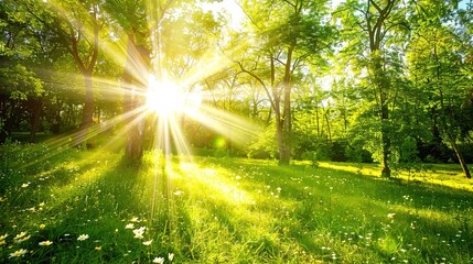 Beautiful Rays of Sunlight in a Green Forest, Shining Through the Trees, Creating a Serene and Picturesque Natural Scene.