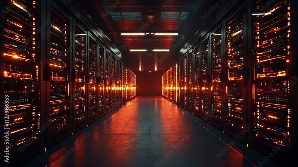 Poster illuminated futuristic data center with rows of illuminated server racks connected by glowing digita