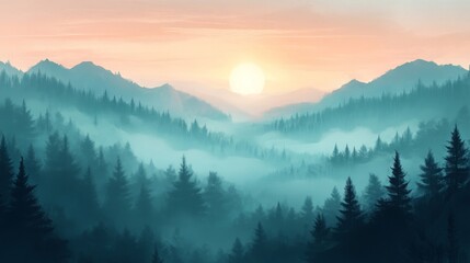 Obraz premium Misty Mountain Forest Sunrise Landscape Painting