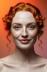 Obraz premium Potrait young woman with curly redhead and freckles looking at camera with natural expression. Orange pink background