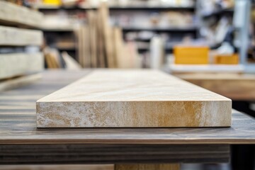Close-up of a wooden plank on a workshop table.
