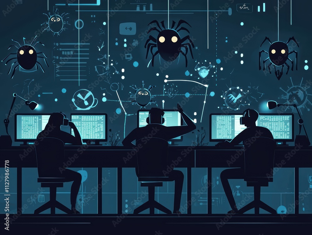 Poster cybersecurity team analyzing data with spiders and code visuals