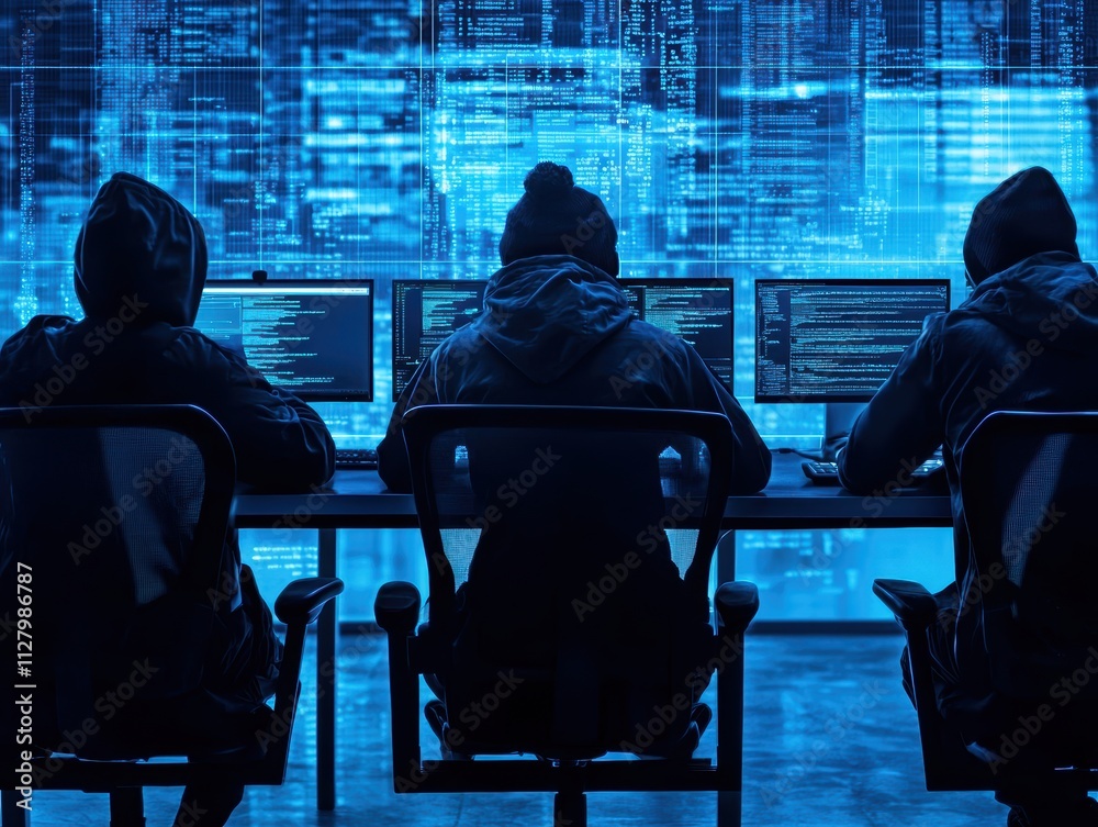 Aufkleber anonymous hackers working at computers in dark environment