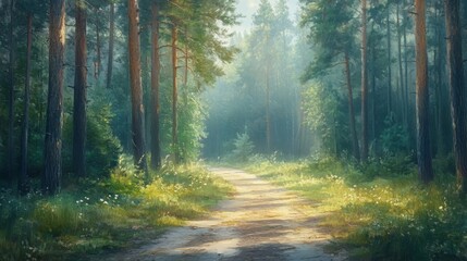 Fototapeta premium Sunlit Path Through A Lush Pine Forest
