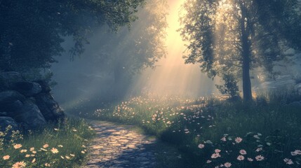 Sunlit Path Through Misty Forest Flowers