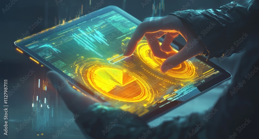 Poster futuristic tablet with glowing holographic interface.