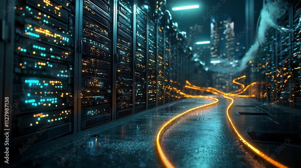 Poster a photograph showcasing a futuristic technology landscape with vibrant glowing lines representing th