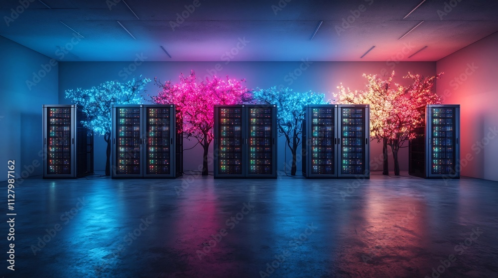 Poster visually stunning image depicting vibrant glowing lines representing the dynamic data flow and netwo