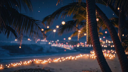 Illuminated Palms Framing a Tranquil Shoreline. Tropical Vacation