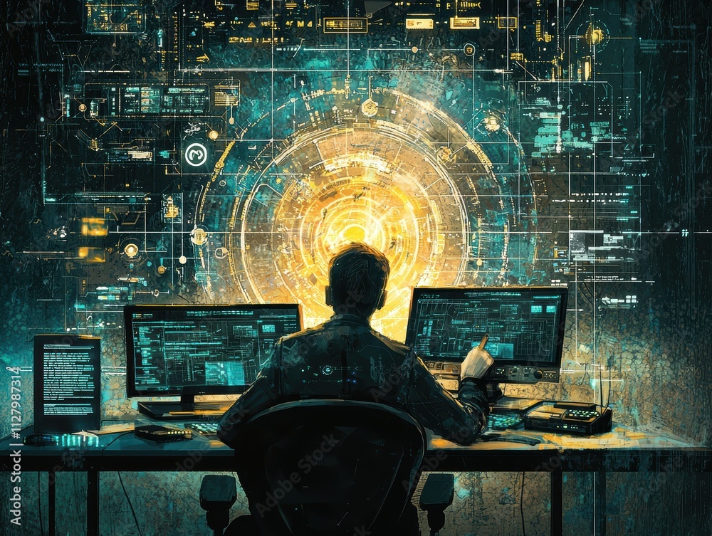 Poster futuristic digital workspace with high-tech data visualization