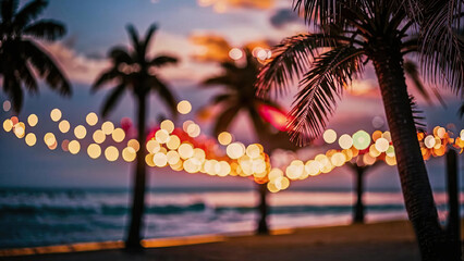 Illuminated Palms Framing a Tranquil Shoreline. Tropical Vacation