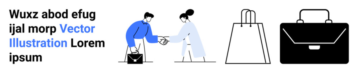 Colleagues shaking hands, paper shopping bag, business briefcase. Ideal for partnerships, negotiation, commerce, professionalism, business deals networking corporate culture. Landing page