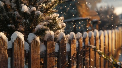 Snowy Winter Scene With Wooden Fence And Pine Branches