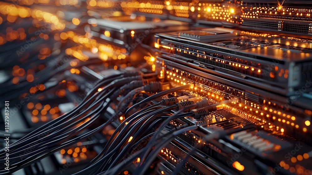 Poster vibrant glowing data flow and network activity connecting server racks in a futuristic minimalist di