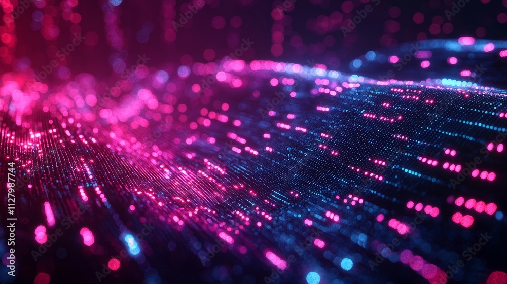 Poster in an enchanting cyber realm, bright neon waves ripple across a dark background, forming dynamic pat