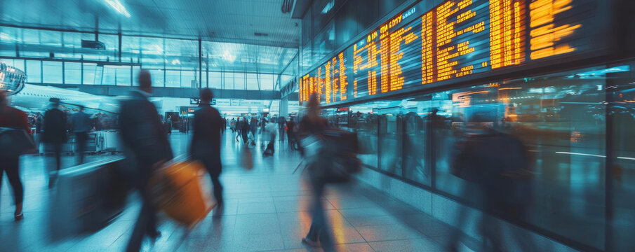 Blurred passengers walking through busy airport terminal with illuminated flight information board, creating sense of motion and urgency