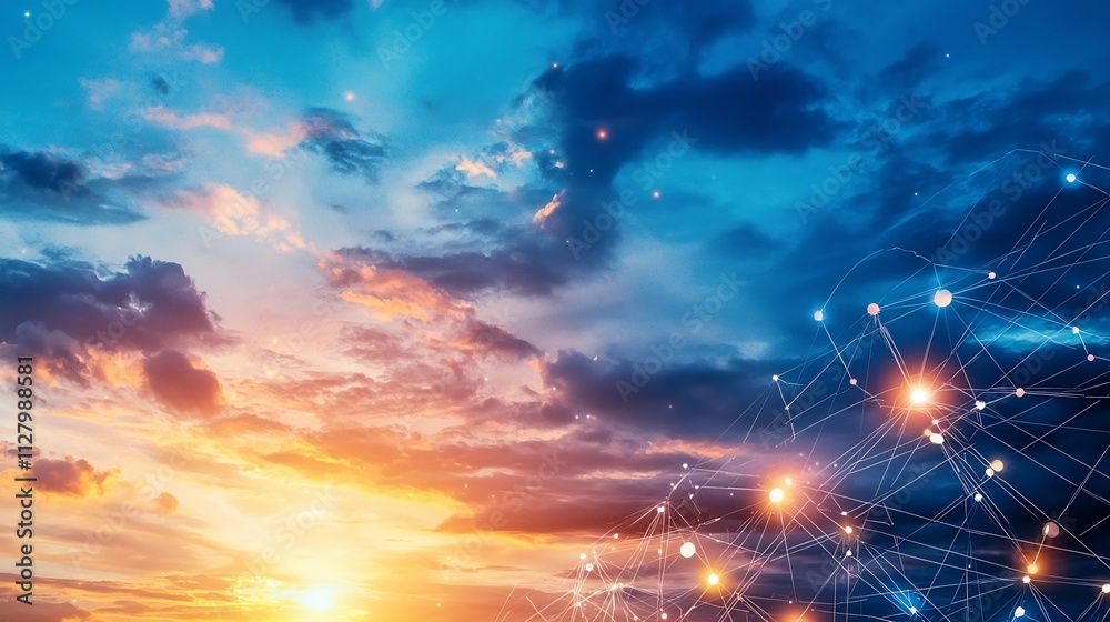 Poster serene sky with multiple glowing nodes visualizing an interconnected atmospheric monitoring network 