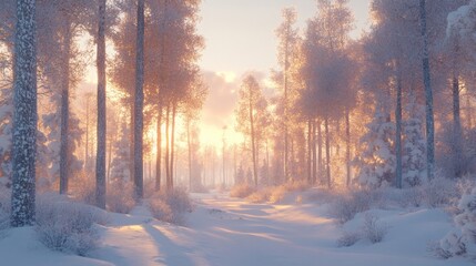 Sunlit Winter Forest Path Snow Covered Trees