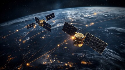 Satellites Orbiting Earth Connected by a Glowing Global Atmospheric Monitoring Network Leaving Copyspace at the Bottom Right
