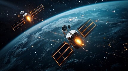 A satellite network orbiting Earth with glowing lines representing a global atmospheric monitoring system showcasing the technological advancements in environmental sustainability and scientific