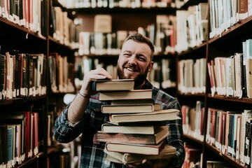 Happy Reader Carrying Stacks of Books in Library