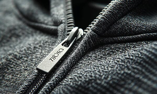 Close-up of a Tica branded zipper on a dark grey hoodie