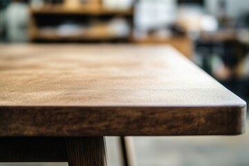 Fototapeta premium Close-up of a wooden table edge in a workspace.