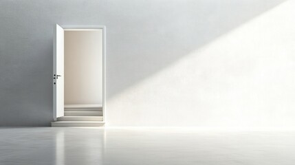 Bright open door and white wall with clean lines leading to airy serene space