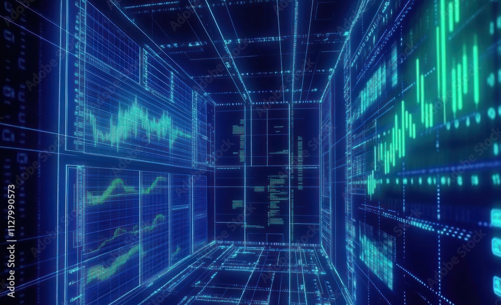 Poster Futuristic digital data cube with glowing charts and graphs.