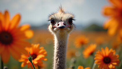Ostrich stands among vibrant orange flowers in a sunny field during daytime
