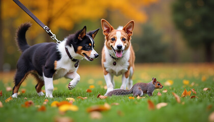 Two playful dogs enjoy a sunny autumn day while interacting with a curious squirrel