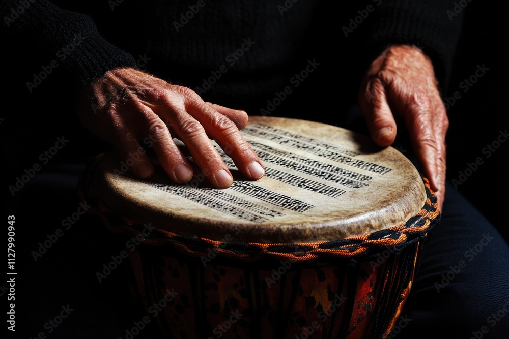 Poster close-up of hands playing djembe drum with music notes.